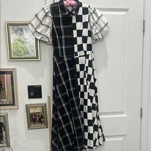 Christopher John Rogers Asymmetrical Black and White Puff Sleeve Dress